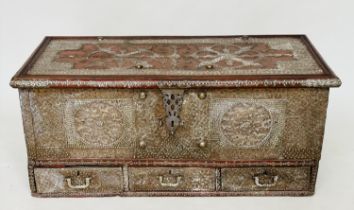 ZANZIBAR CHEST, 19th century Moorish hardwood and allover brass studded with rising lid, candlebox