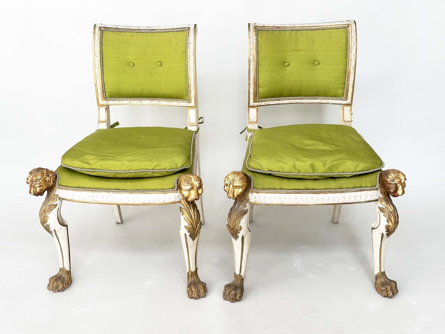 SIDE CHAIRS, a pair, English Country House, early 19th century grey painted and parcel gilt with