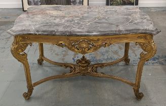 CENTRE TABLE, late 19th century French giltwood with shaped marble top, 75cm H x 124cm W x 74cm D.