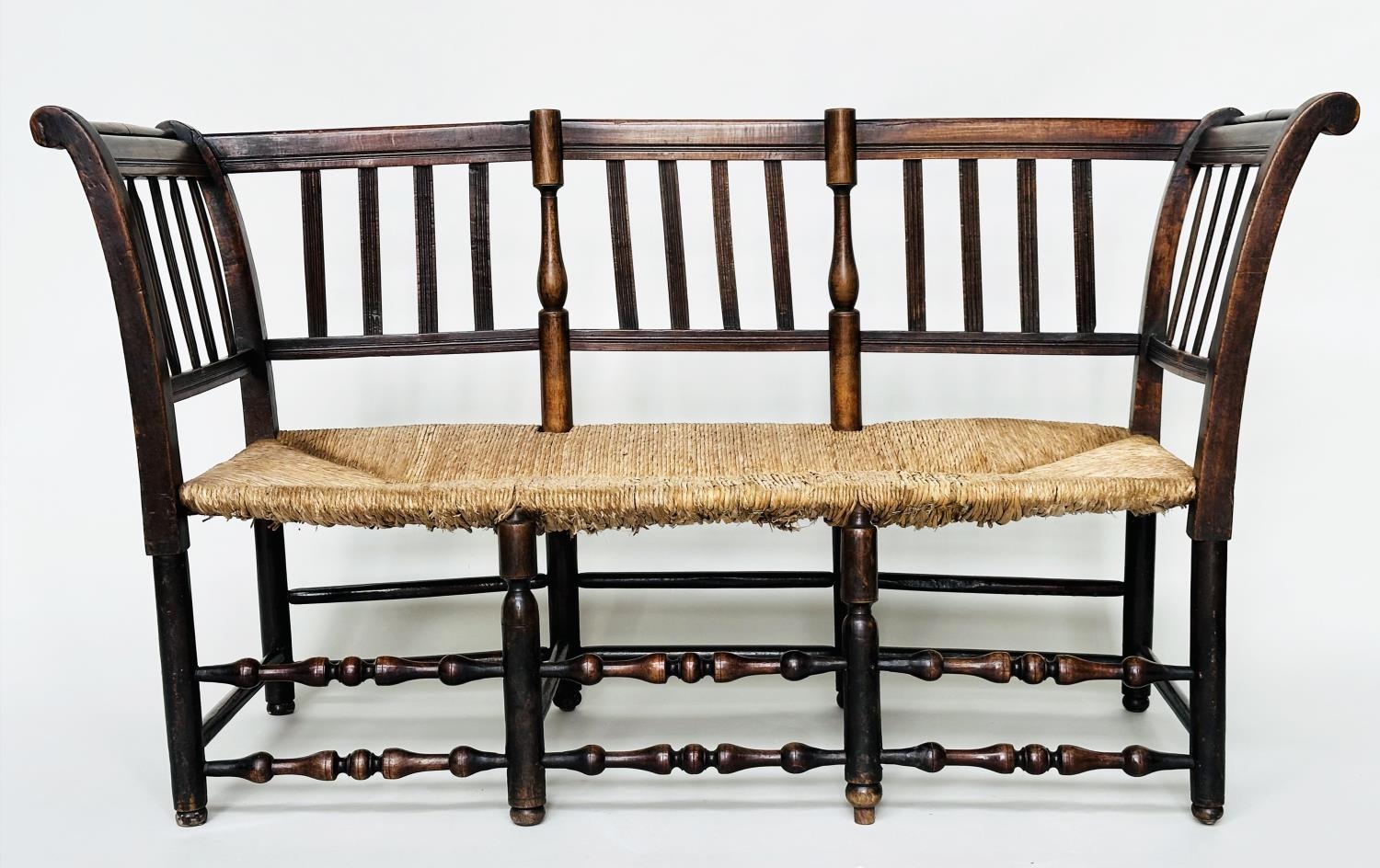 HALL BENCH, 19th century English fruitwood with slatted back, rush seat and turned stretchers, 145cm - Image 2 of 16