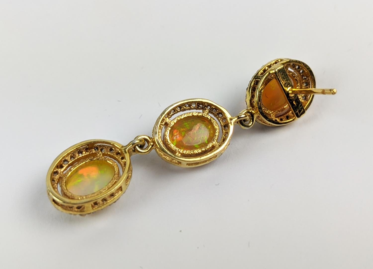 A PAIR OF SILVER-GILT OPAL AND DIAMOND SET PENDANT EARRINGS, of triple sectioned droplet form, - Image 5 of 7