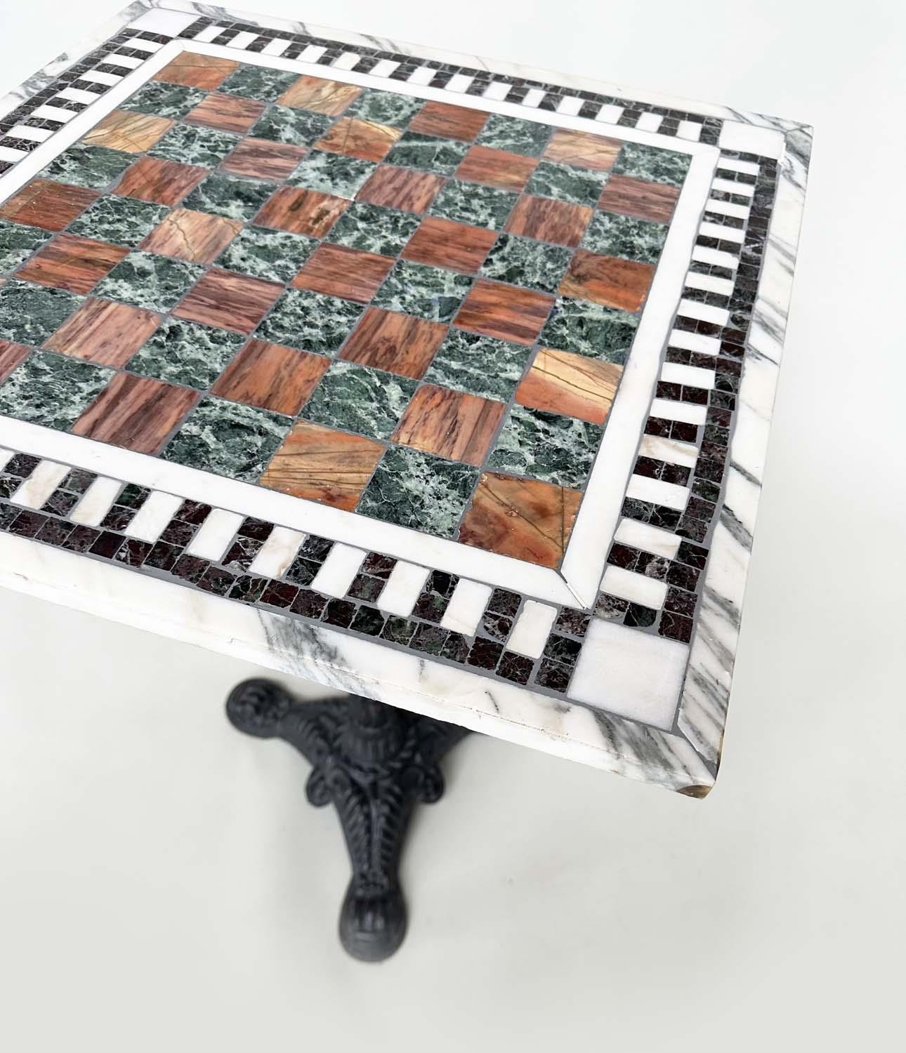 MARBLE TABLE, square games inset top on cast iron triform base, 56cmx 56cm x 73cm H. - Image 6 of 8