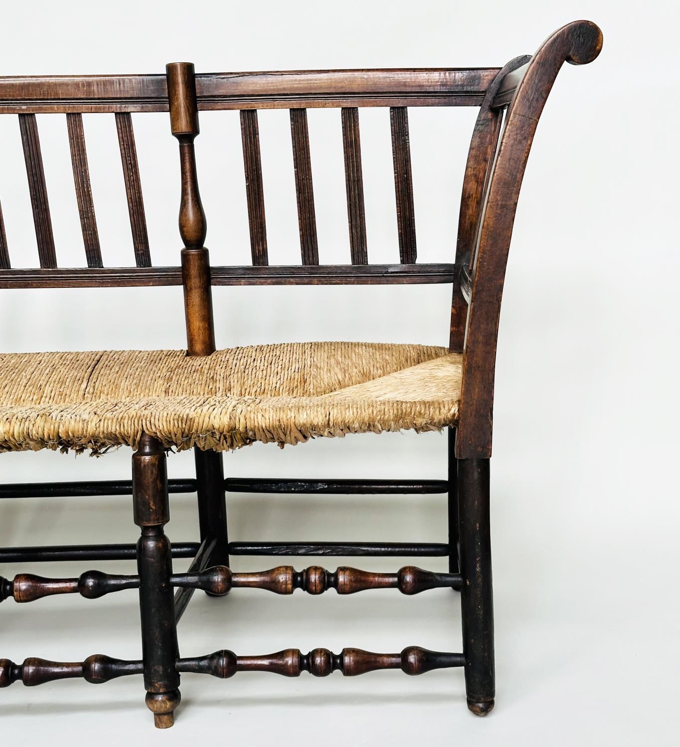 HALL BENCH, 19th century English fruitwood with slatted back, rush seat and turned stretchers, 145cm - Image 3 of 16