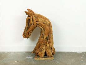 DRIFTWOOD HORSE HEAD SCULPTURE, ON STAND, 88cm H x 55cm W.