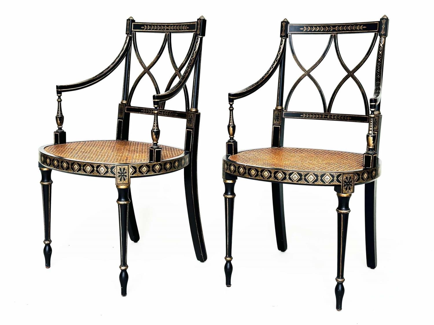 ARMCHAIRS, a pair, Regency style black lacquered and gilt painted with lattice backs and cane seats, - Image 2 of 15