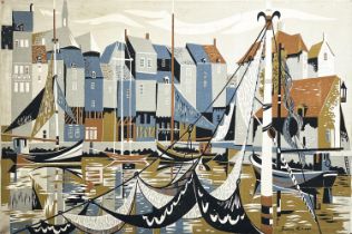 SIMON CHAYE (French b.1930), 'Boats in a French harbour', lithograph on canvas, 114cm x 169cm.