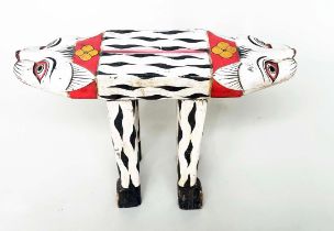 TIGER STOOL, tribal style painted and carved, 50cm W.