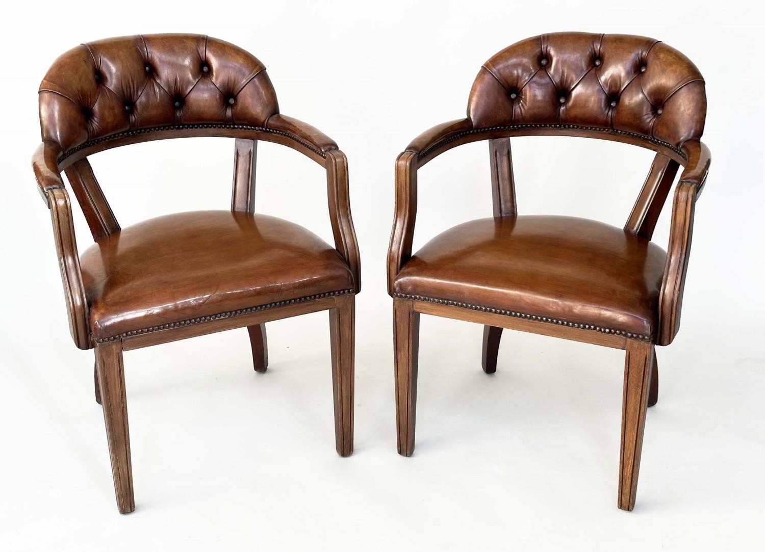 LIBRARY ARMCHAIRS, a pair, Georgian design antique studded and buttoned soft tan brown leather - Image 3 of 8