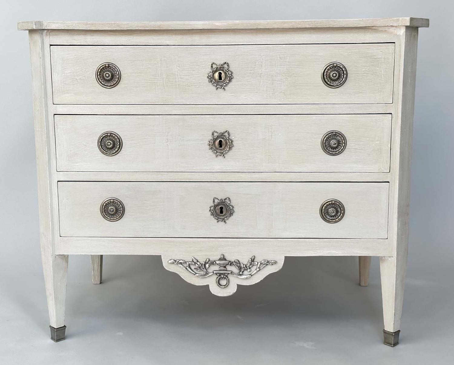 GUSTAVIAN COMMODE, 19th century grey painted and silvered metal mounted with three long drawers, - Image 9 of 10