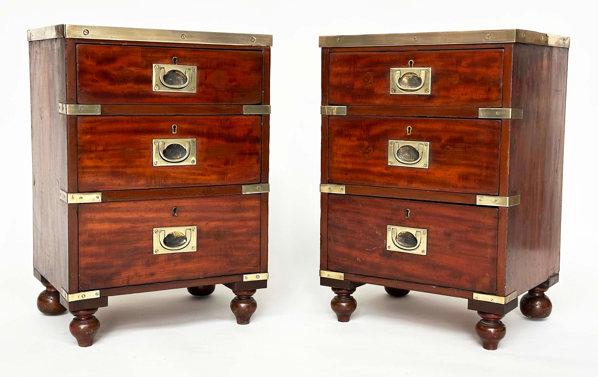 CAMPAIGN CHESTS, a pair, mahogany and brass bound each with three drawers and turned supports, - Image 3 of 10