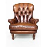 LIBRARY ARMCHAIR, Georgian design with deep buttoned soft natural tan brown leather upholstery and