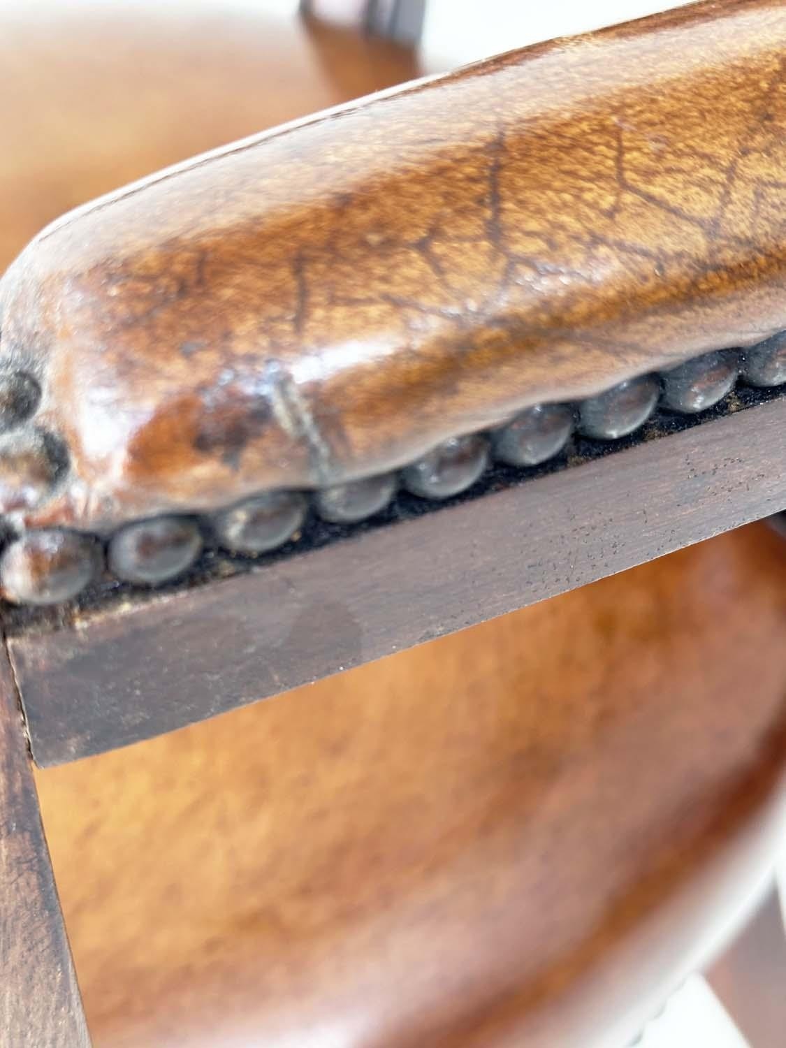 LIBRARY ARMCHAIRS, a pair, Georgian design antique studded and buttoned soft tan brown leather - Image 8 of 8