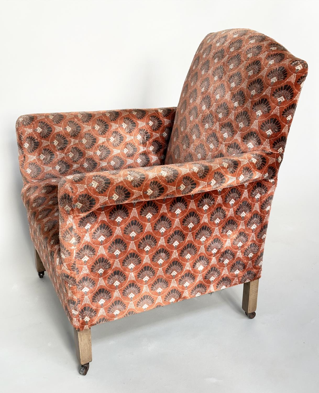 ARMCHAIR, early 20th century Art Deco style with patterned velvet upholstery and square section - Image 9 of 10