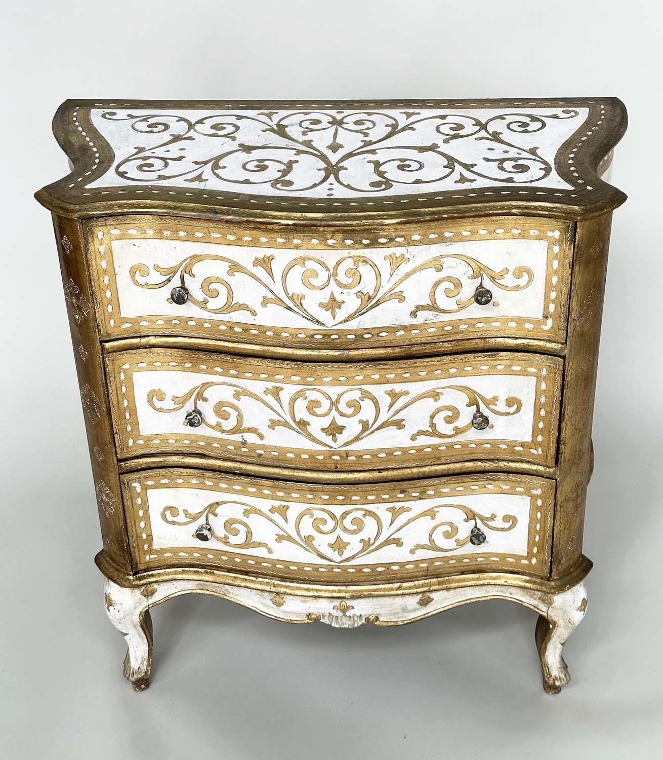 FLORENTINE COMMODE, Italian white painted and parcel gilt of serpentine form with three drawers, - Image 5 of 7
