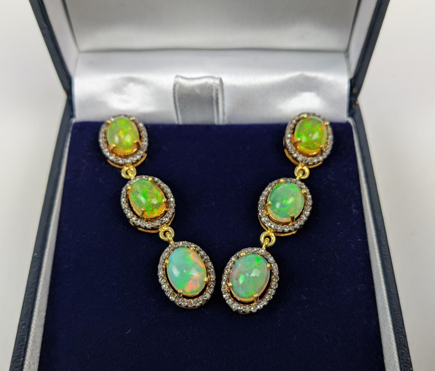 A PAIR OF SILVER-GILT OPAL AND DIAMOND SET PENDANT EARRINGS, of triple sectioned droplet form, - Image 4 of 7