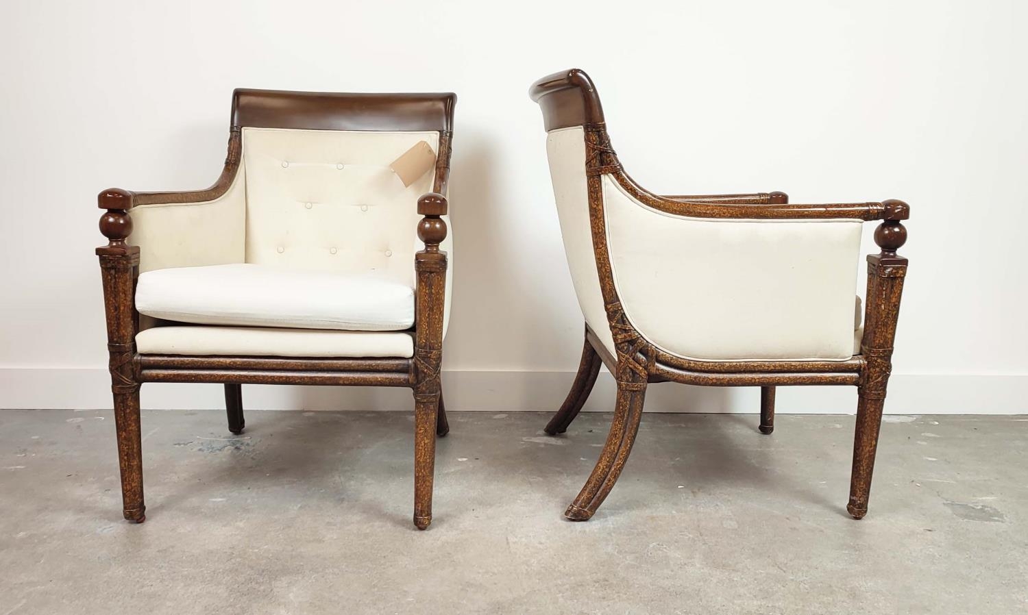 ARMCHAIRS, a pair, linen upholstery with lacquered frame and clustered front supports, 88cm H x 65cm - Image 7 of 8