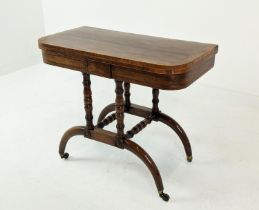 CARD TABLE, Regency mahogany and rosewood with inlaid crossbanding detail on turned supports with