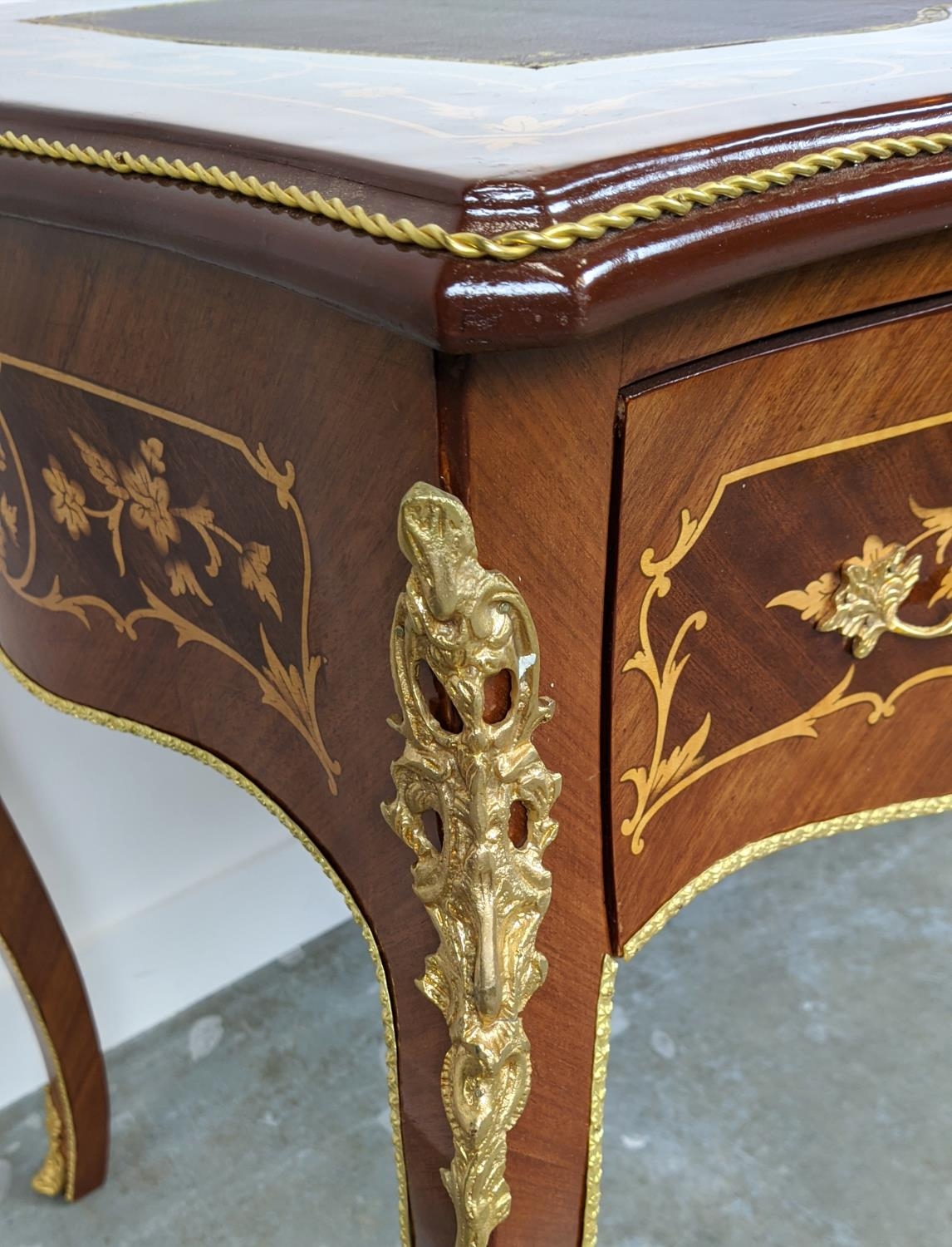 BUREAU PLAT, French style marquetry with three drawers and gilt mounts, 120cm x 79cm H x 62cm. - Image 5 of 8