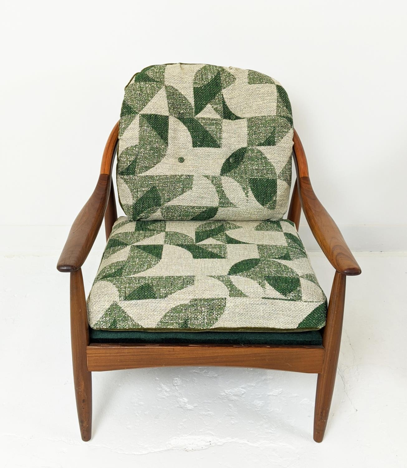 ARMCHAIRS, a pair, mid 20th century Danish teak with geometric patterned and green plush cushions, - Image 4 of 10