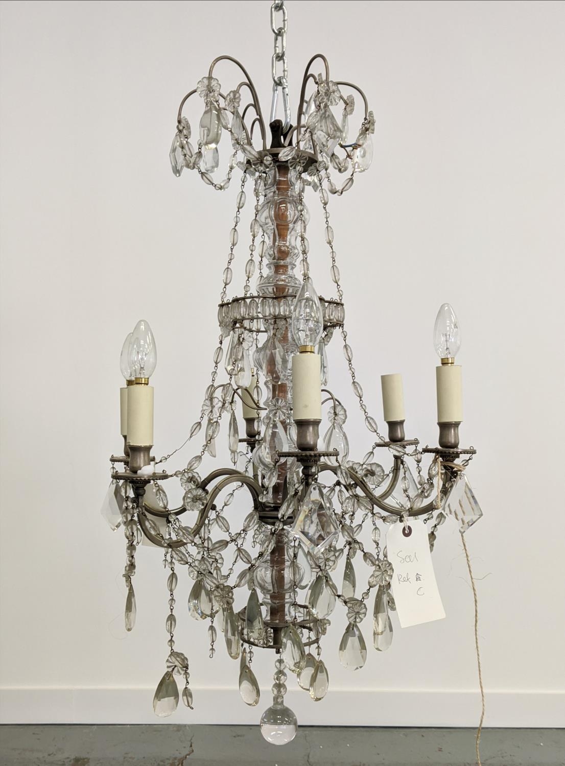 CHANDELIER with a metal frame and six branches, approx 90cm H x 45cm W.