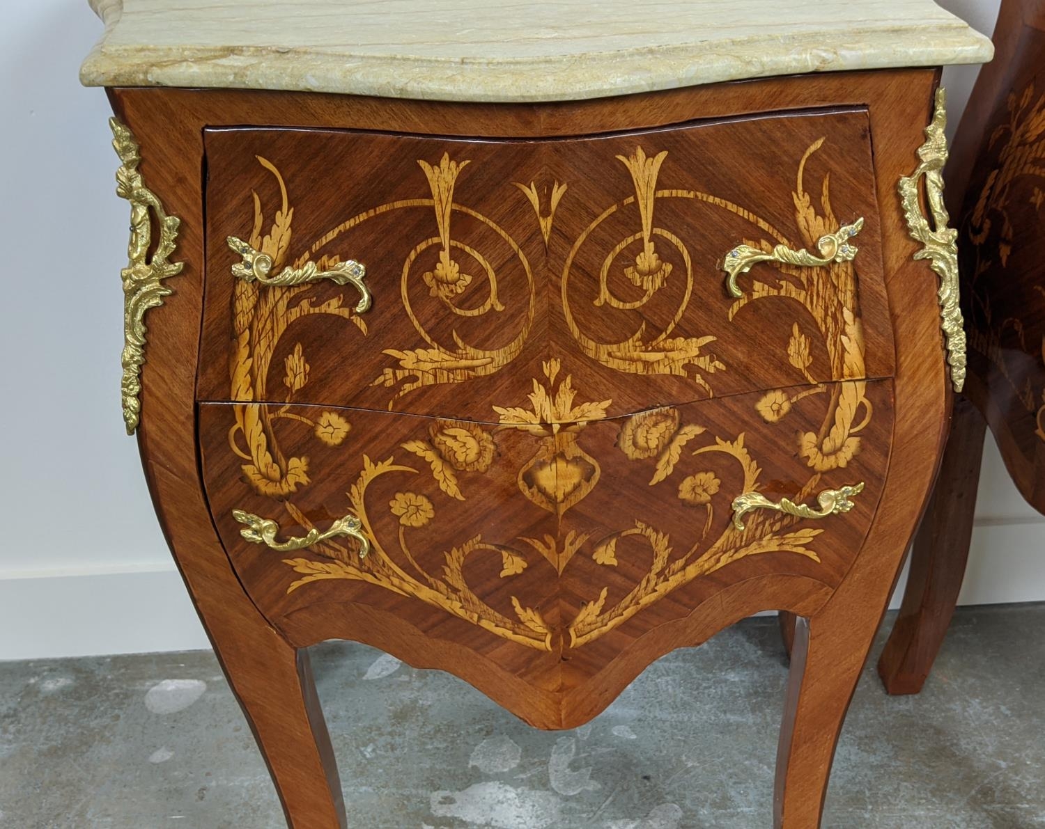 PETITE COMMODES, a pair, French style marquetry with white marble top and two drawers, 78cm H x 60cm - Image 8 of 9