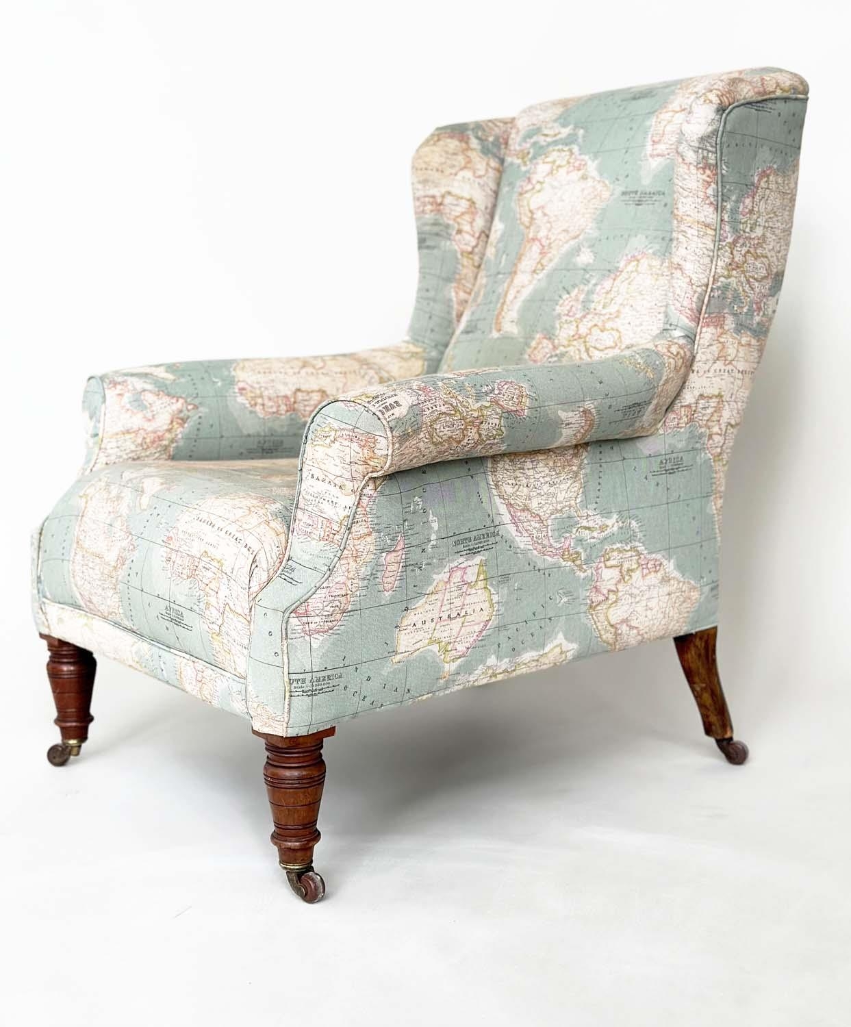 WING ARMCHAIR, Victorian walnut with circa 1900 World Atlas printed fabric upholstery scroll arms - Image 4 of 12