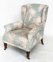 WING ARMCHAIR, Victorian walnut with circa 1900 World Atlas printed fabric upholstery scroll arms