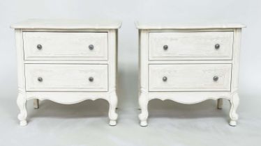 BEDSIDE CHESTS, a pair, French grey painted each with two drawers and cabriole carved supports, 61cm