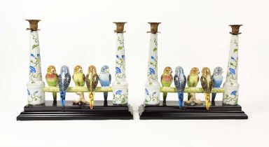 CANDLESTICKS, a pair, ceramic with perching parrots, 35cm H x 40cm. (2)