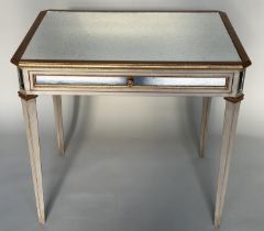 SIDE TABLE, Italian grey painted parcel gilt and mirror panelled with a frieze drawer, 83cm x 63cm D