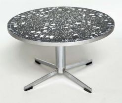 CIRCULAR LOW TABLE, 1950's style Belgian chrome and mosaic tiled.