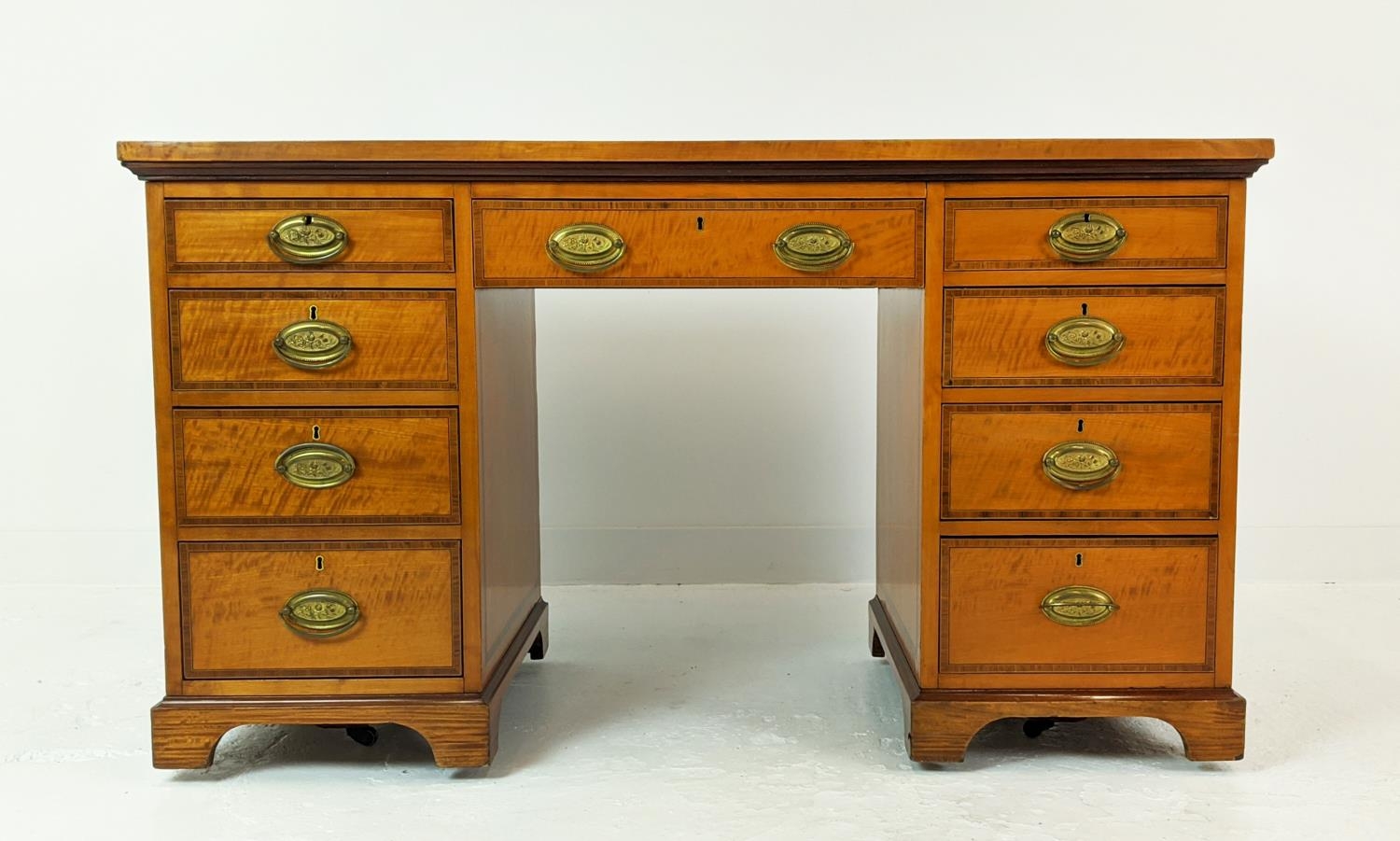 PEDESTAL DESK, Edwardian satinwood with crossbanded detail, 135cm x 58cm x 85cm H, raised on - Image 2 of 11