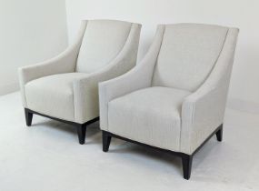 ARMCHAIRS, a pair, white fabric upholstered, patterned fabric upholstered exterior, ebonised