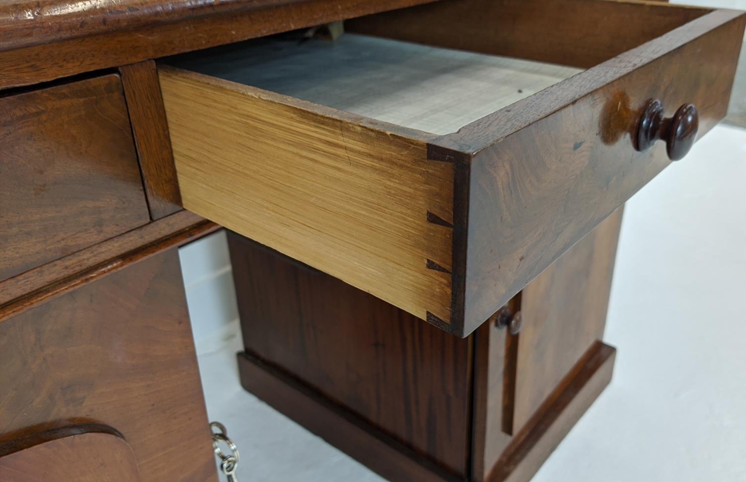 DESK, Victorian mahogany with a 3/4 gallery over three frieze drawers and cupboard base, 122cm x - Image 7 of 9