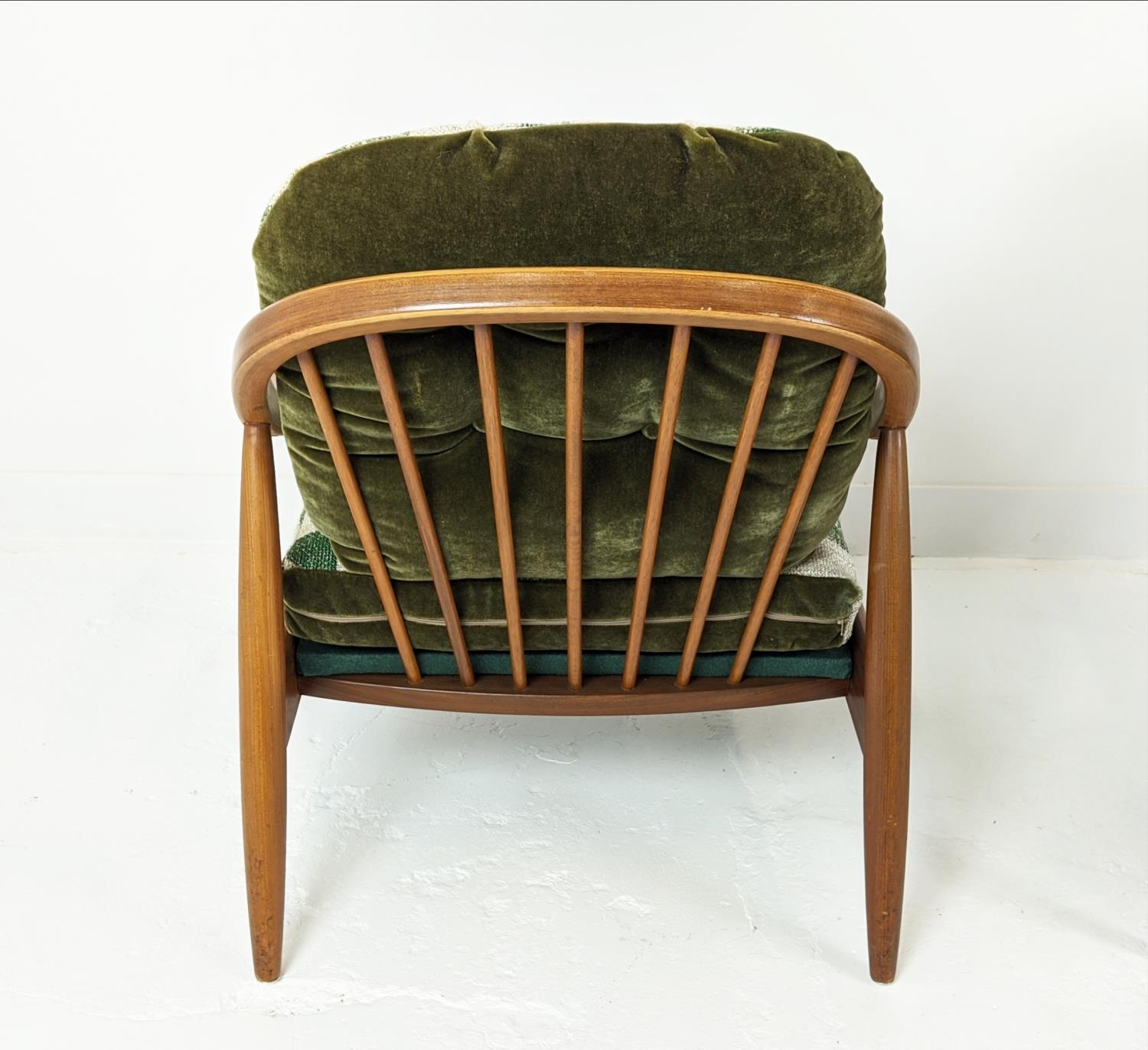 ARMCHAIRS, a pair, mid 20th century Danish teak with geometric patterned and green plush cushions, - Image 6 of 10