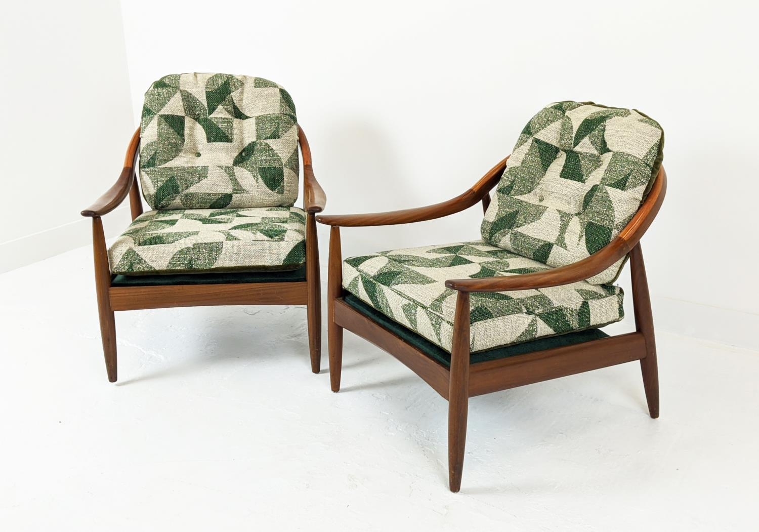 ARMCHAIRS, a pair, mid 20th century Danish teak with geometric patterned and green plush cushions, - Image 2 of 10