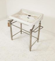 DAVIS BENNET AND CO SINK, ceramic basin on a chrome base, 89cm H x 90cm x 49cm D.