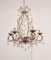 CHANDELIER, with a gilt metal frame and small droplets, electrified approx 60cm H x 55cm W.