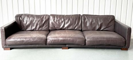 SOFA, Danish mid century design grained brown leather with three stitched seat cushions and three