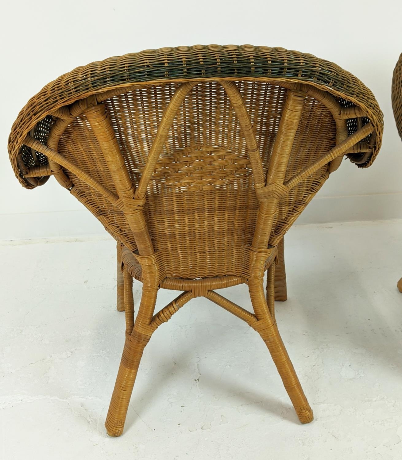 CONSERVATORY ARMCHAIRS, a pair, mid 20th century rattan framed and two tone cane with arched - Image 7 of 12