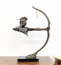 CONTEMPORARY SCHOOL SCULPTURE, depicting a stylised archer on a marble base, 86cm H x 58cm L.