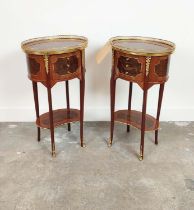 BEDSIDE TABLES, a pair, pierced gallery tops above three drawers with gilt mounts, 73cm H x 40cm x