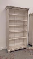 OPEN BOOKCASE, grey and white painted with one fixed and four adjustable shelves, 241cm H x 130cm