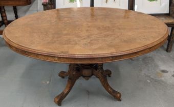 LOO TABLE, Victorian burr walnut and elm with oval tilt top on brass castors, 73cm H x 137cm x 104cm