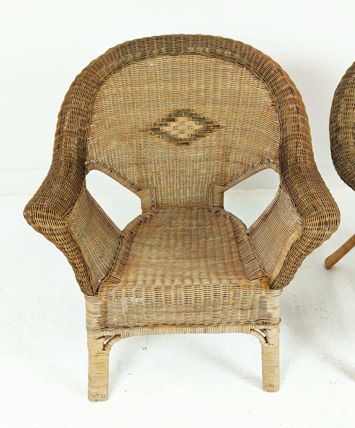 CONSERVATORY ARMCHAIRS, a pair, mid 20th century rattan framed and two tone cane with arched - Image 4 of 12
