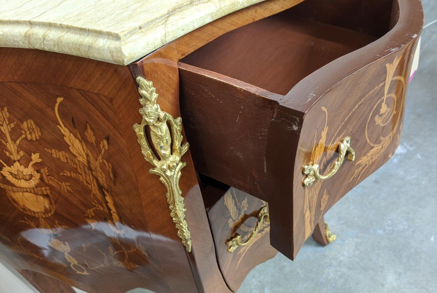 PETITE COMMODES, a pair, French style marquetry with white marble top and two drawers, 78cm H x 60cm - Image 9 of 9