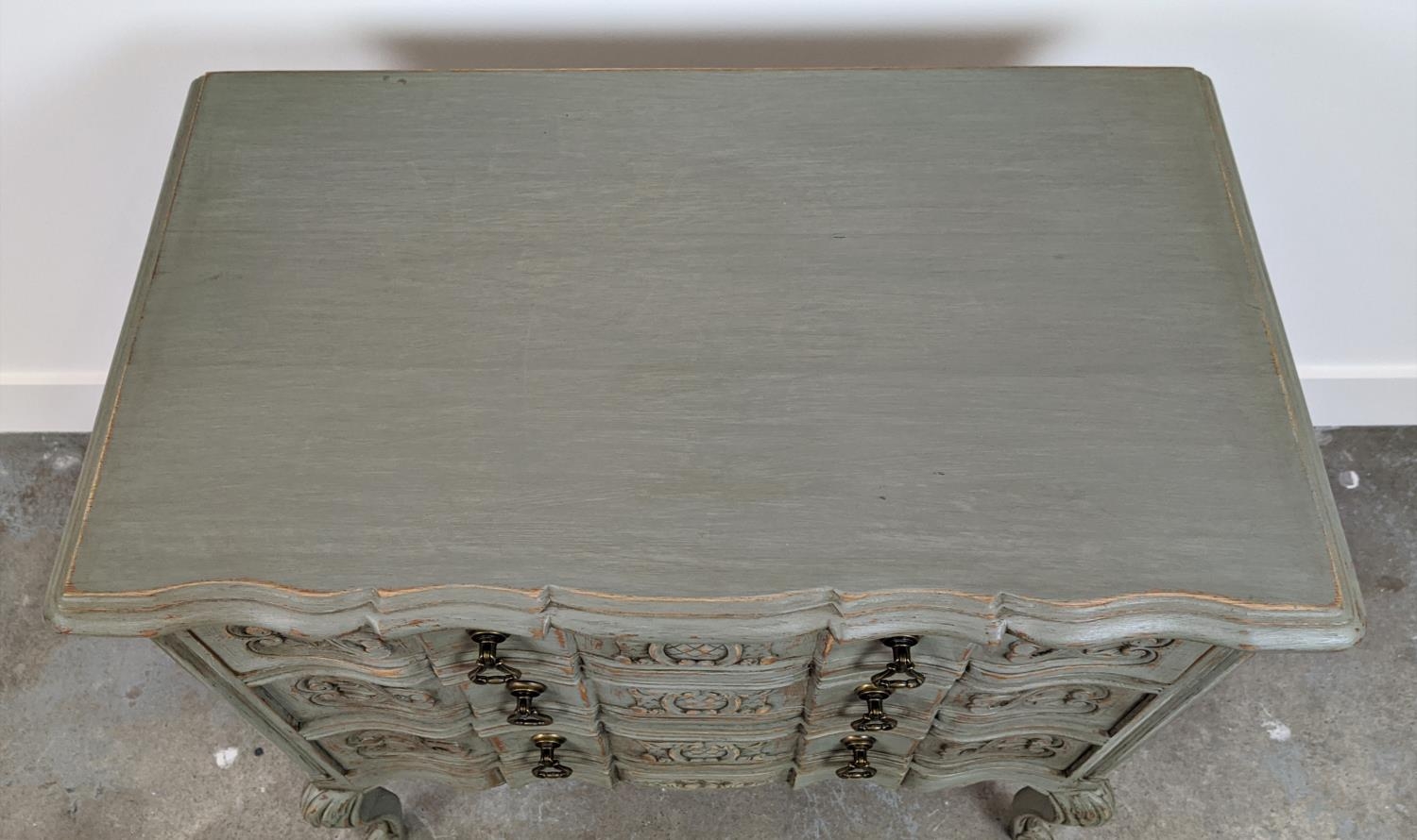 COMMODE, Louis XV style grey painted with three carved drawers, 72cm H x 73cm W x 40cm D. - Image 5 of 10