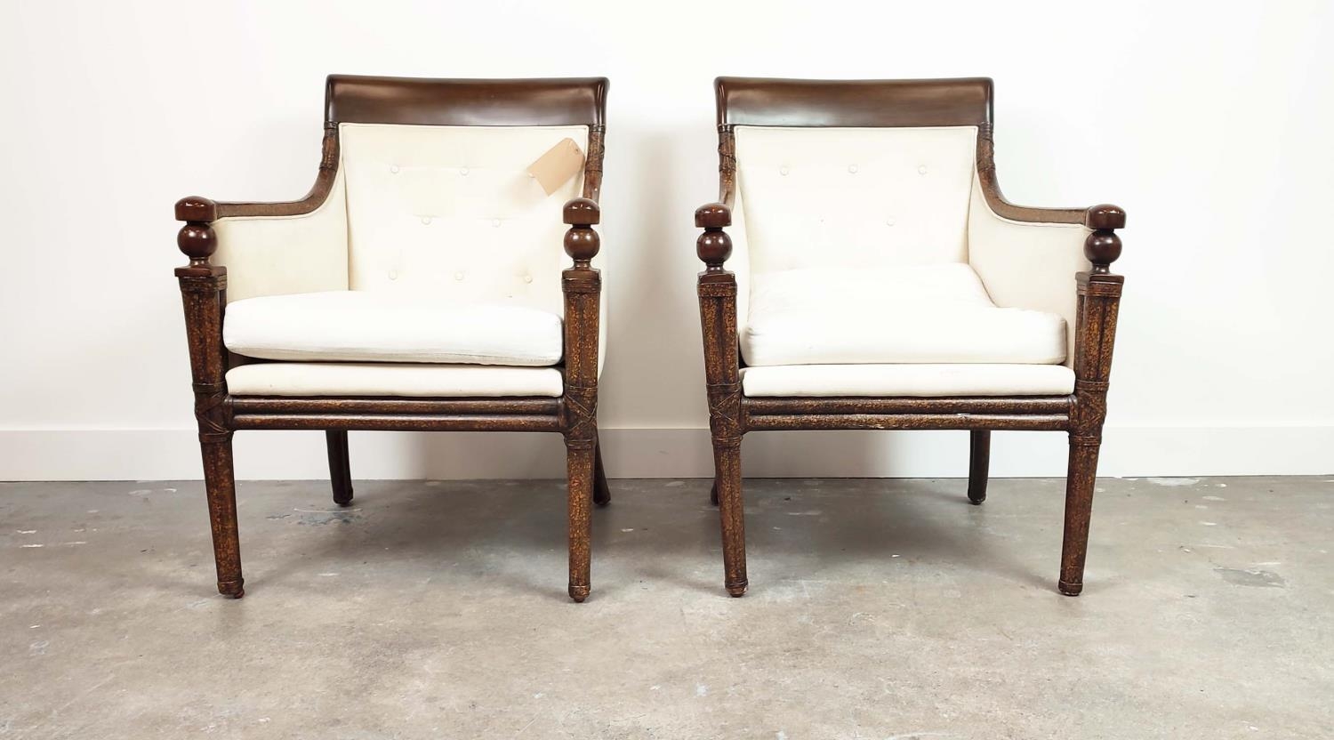 ARMCHAIRS, a pair, linen upholstery with lacquered frame and clustered front supports, 88cm H x 65cm - Image 2 of 8