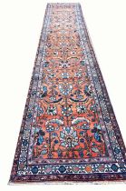 ANTIQUE PERSIAN HERIZ RUNNER, 450cm x 90cm.