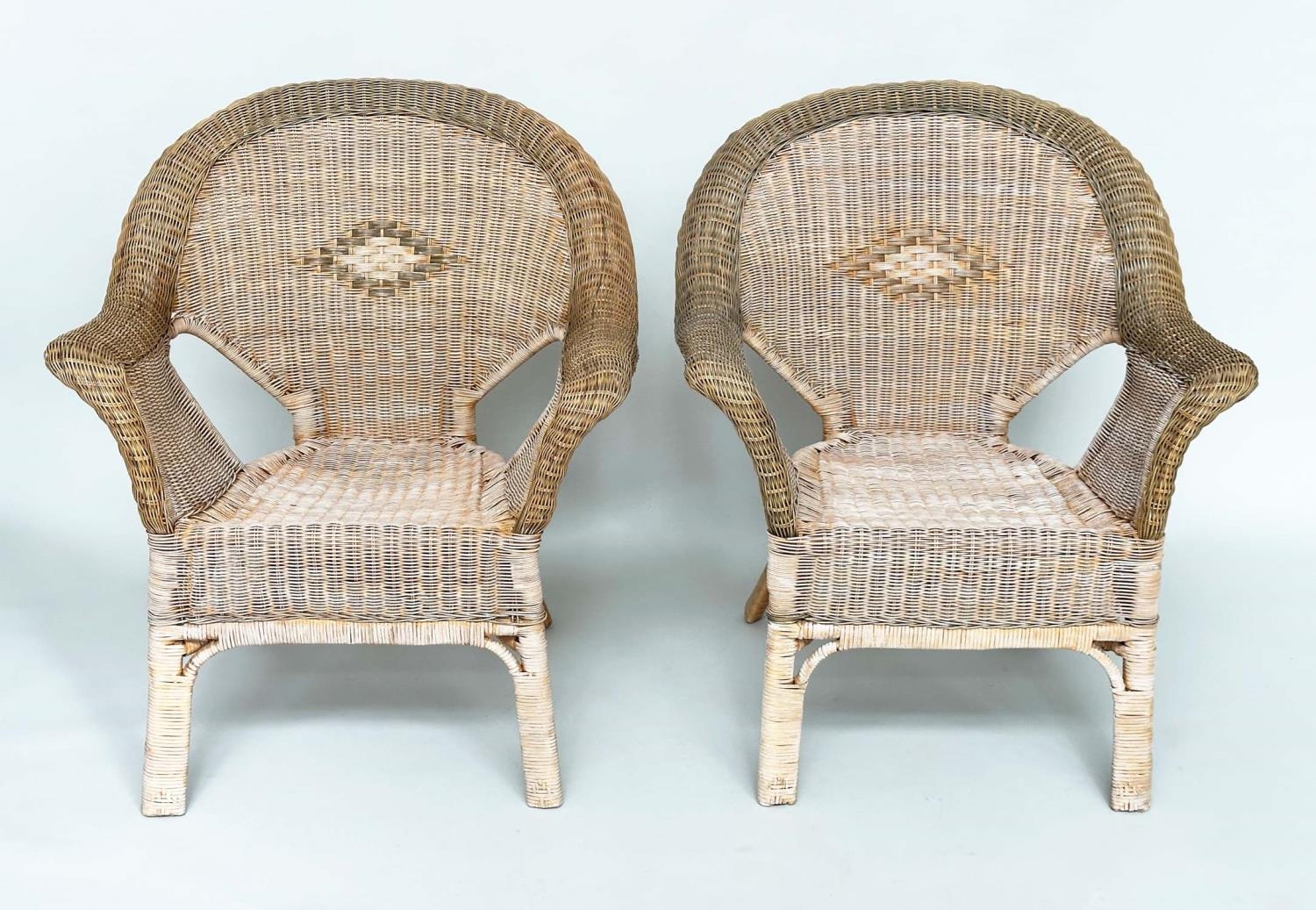 CONSERVATORY ARMCHAIRS, a pair, mid 20th century rattan framed and two tone cane with arched - Image 11 of 12